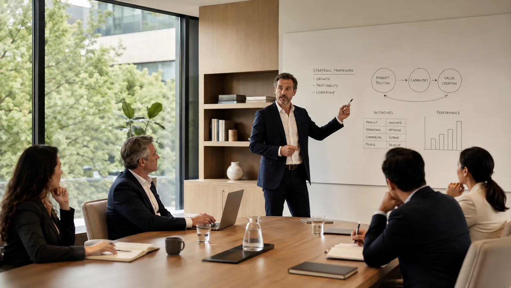 Insight Vector strategic advisory session with founders reviewing a growth strategy framework